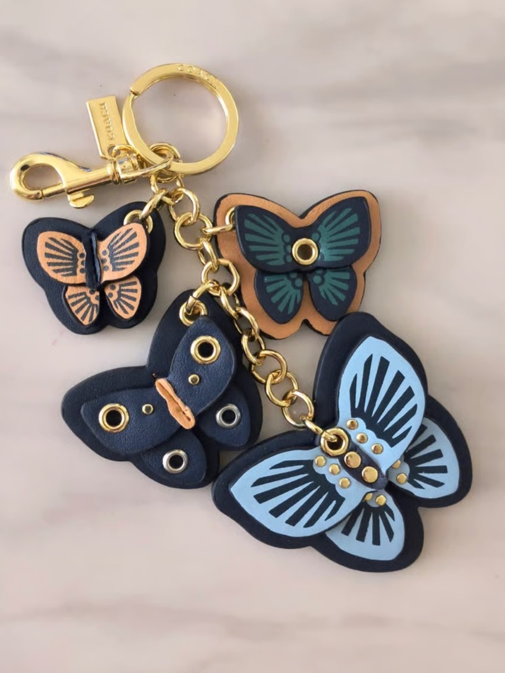 COACH Blue Leather Butterfly Cluster on Chain Bag Charm/Keychain Fob w/Dust Bag🦋